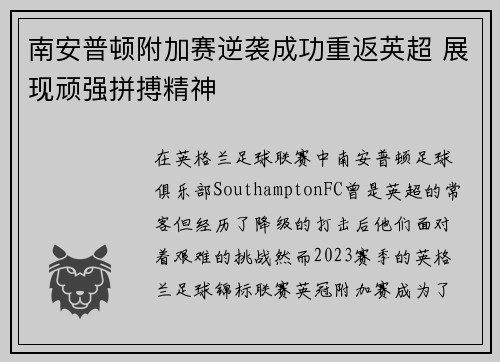 南安普顿附加赛逆袭成功重返英超 展现顽强拼搏精神